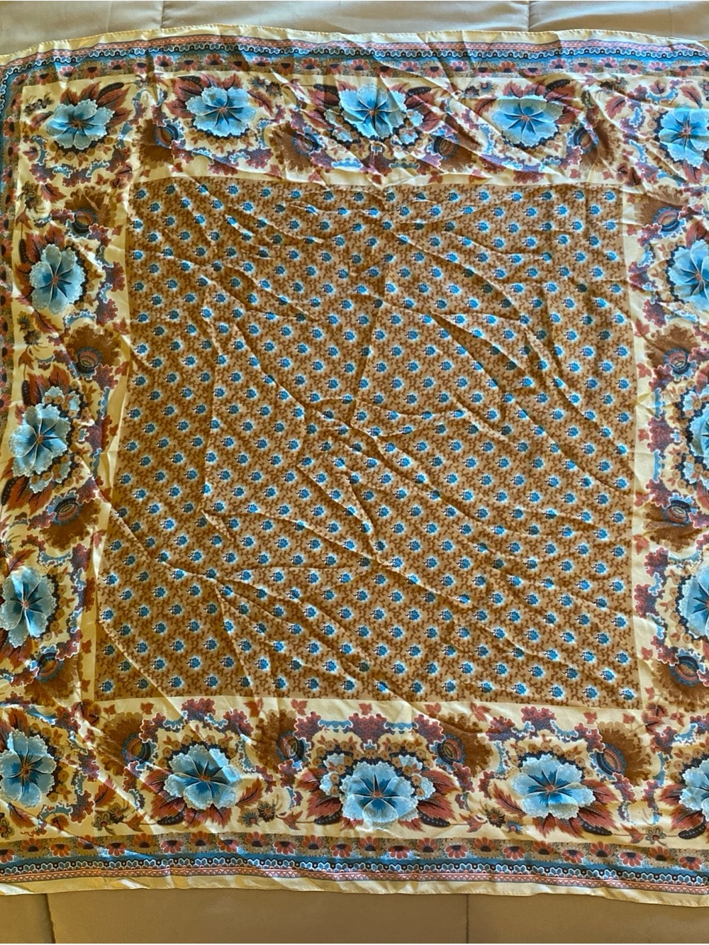 Larioseta Italian 100% Womens Silk Scarf Teal Flowers Floral Print Made In Italy